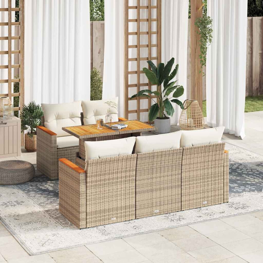 vidaXL 6-delige Loungeset met kussens poly rattan acacia beige afbeelding 1