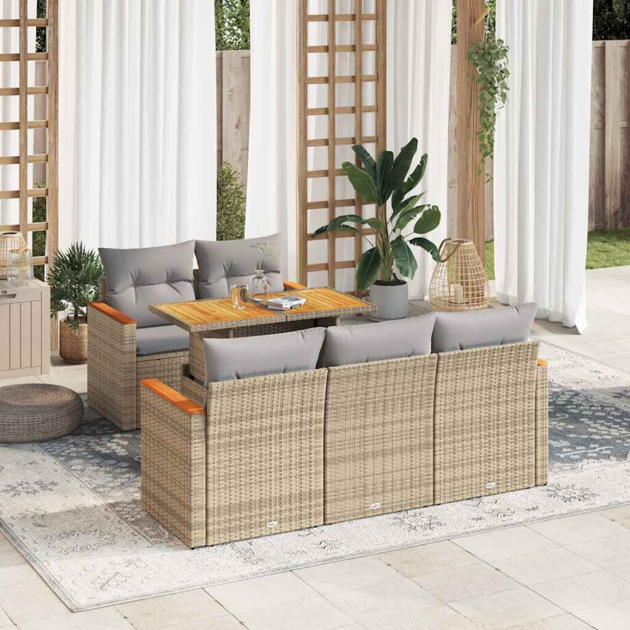 vidaXL 6-delige Loungeset met kussens poly rattan acacia beige afbeelding 1