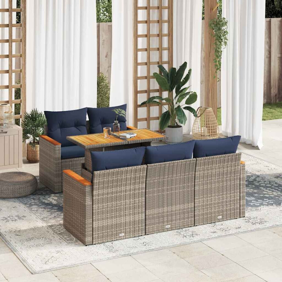 vidaXL 6-delige Loungeset met kussens poly rattan grijs afbeelding 1