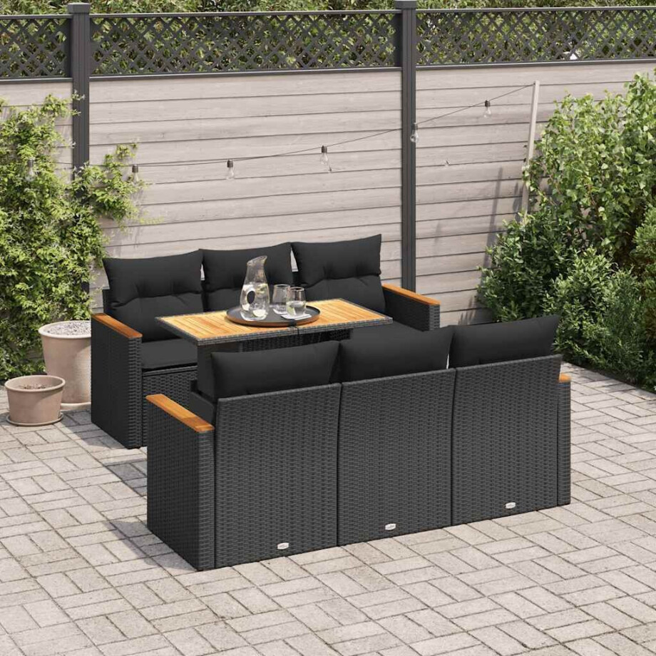 vidaXL 7-delige Loungeset met kussens poly rattan acacia zwart afbeelding 1