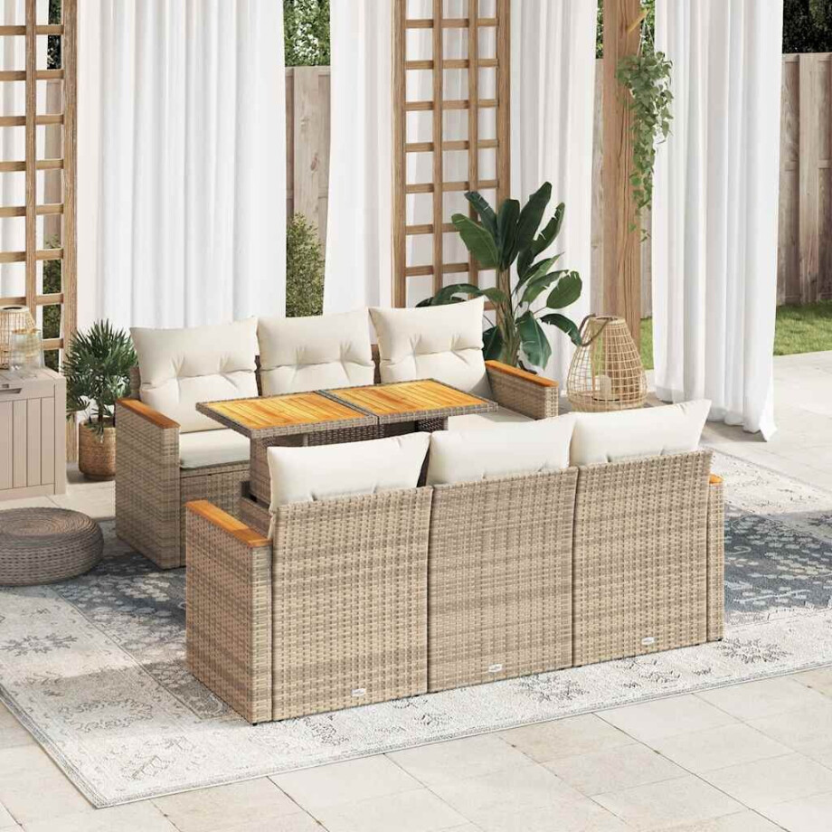 vidaXL 7-delige Loungeset met kussens poly rattan acacia beige afbeelding 1