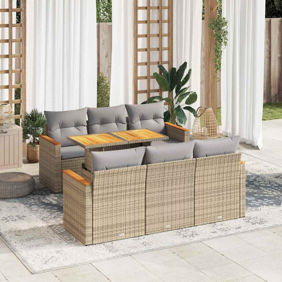 vidaXL 7-delige Loungeset met kussens poly rattan acacia beige afbeelding 1