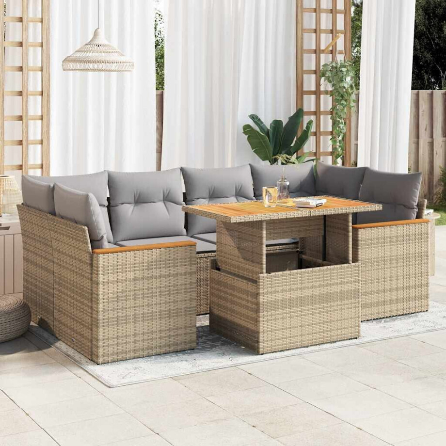 vidaXL 6-delige Loungeset met kussens poly rattan acacia beige afbeelding 1