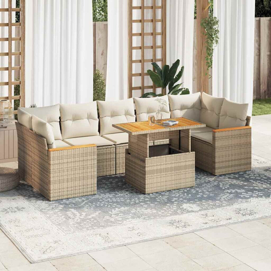 vidaXL 8-delige Loungeset met kussens poly rattan acacia beige afbeelding 1