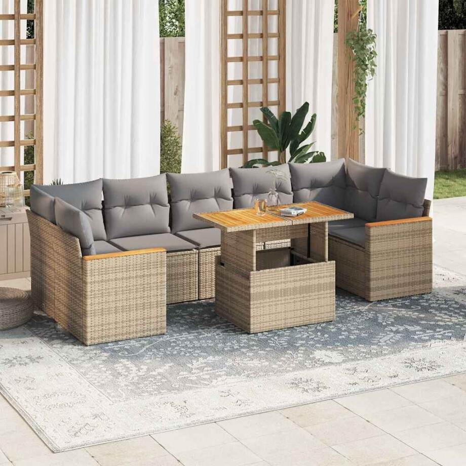 vidaXL 8-delige Loungeset met kussens poly rattan acacia beige afbeelding 1