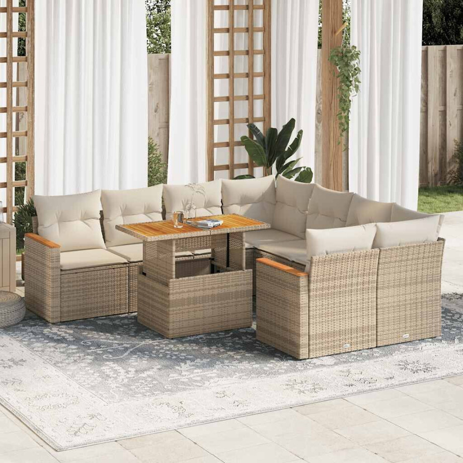 vidaXL 9-delige Loungeset met kussens poly rattan acacia beige afbeelding 1