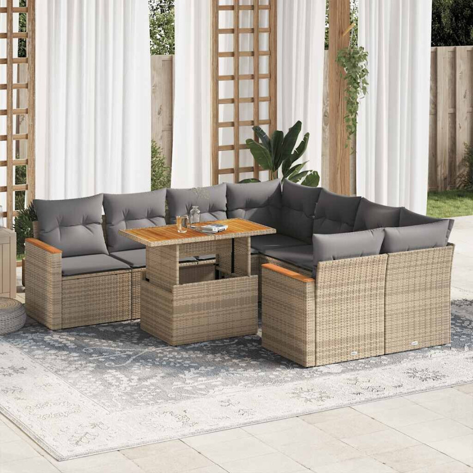 vidaXL 9-delige Loungeset met kussens poly rattan acacia beige afbeelding 1