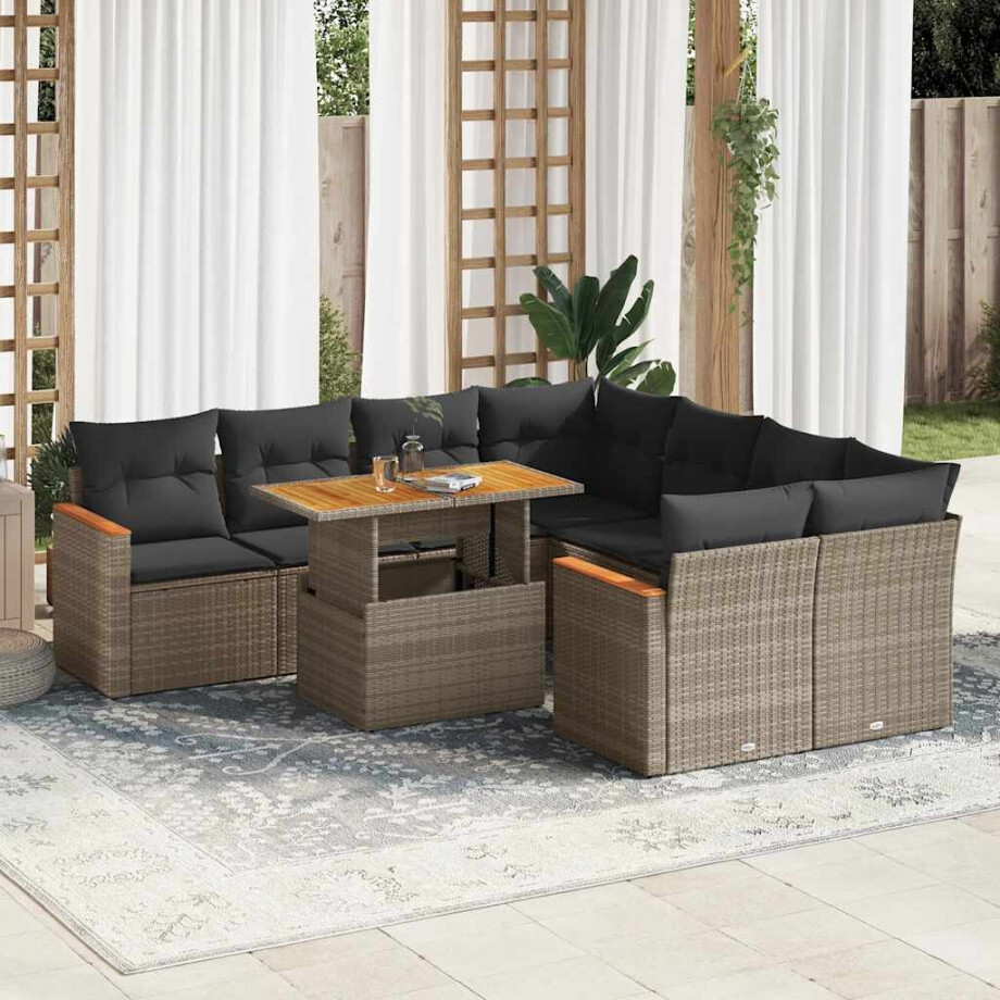 vidaXL 9-delige Loungeset met kussens poly rattan acacia grijs afbeelding 1