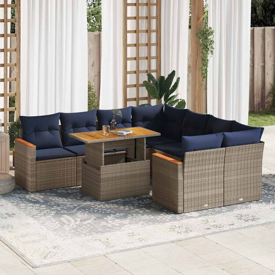 vidaXL 9-delige Loungeset met kussens poly rattan grijs afbeelding 1