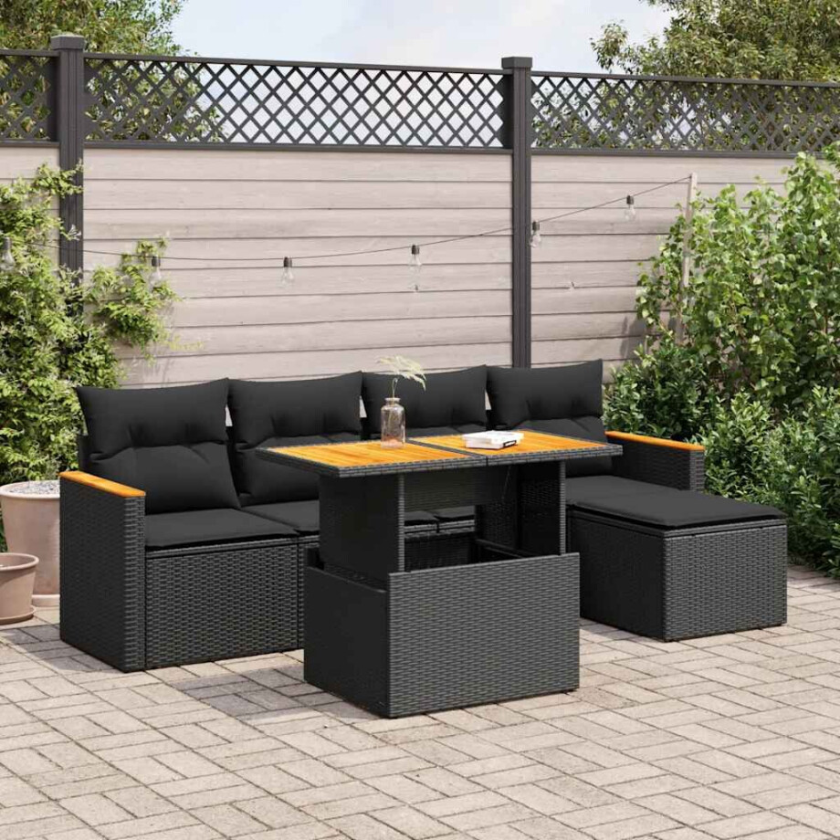 vidaXL 6-delige Loungeset met kussens poly rattan acacia zwart afbeelding 1