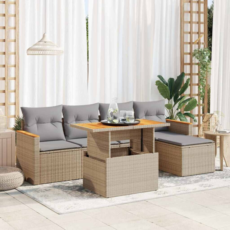 vidaXL 6-delige Loungeset met kussens poly rattan acacia beige afbeelding 1
