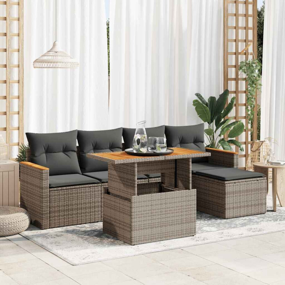 vidaXL 6-delige Loungeset met kussens poly rattan acacia grijs afbeelding 1