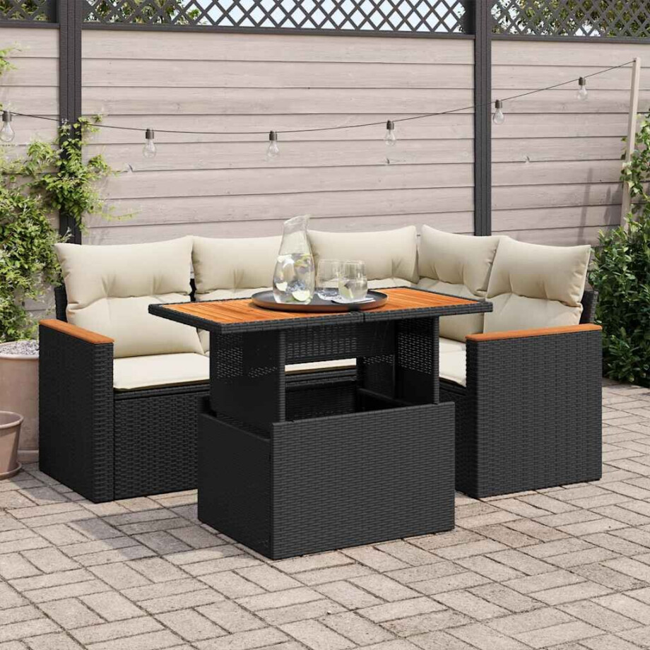 vidaXL 5-delige Loungeset met kussens poly rattan acacia zwart afbeelding 1
