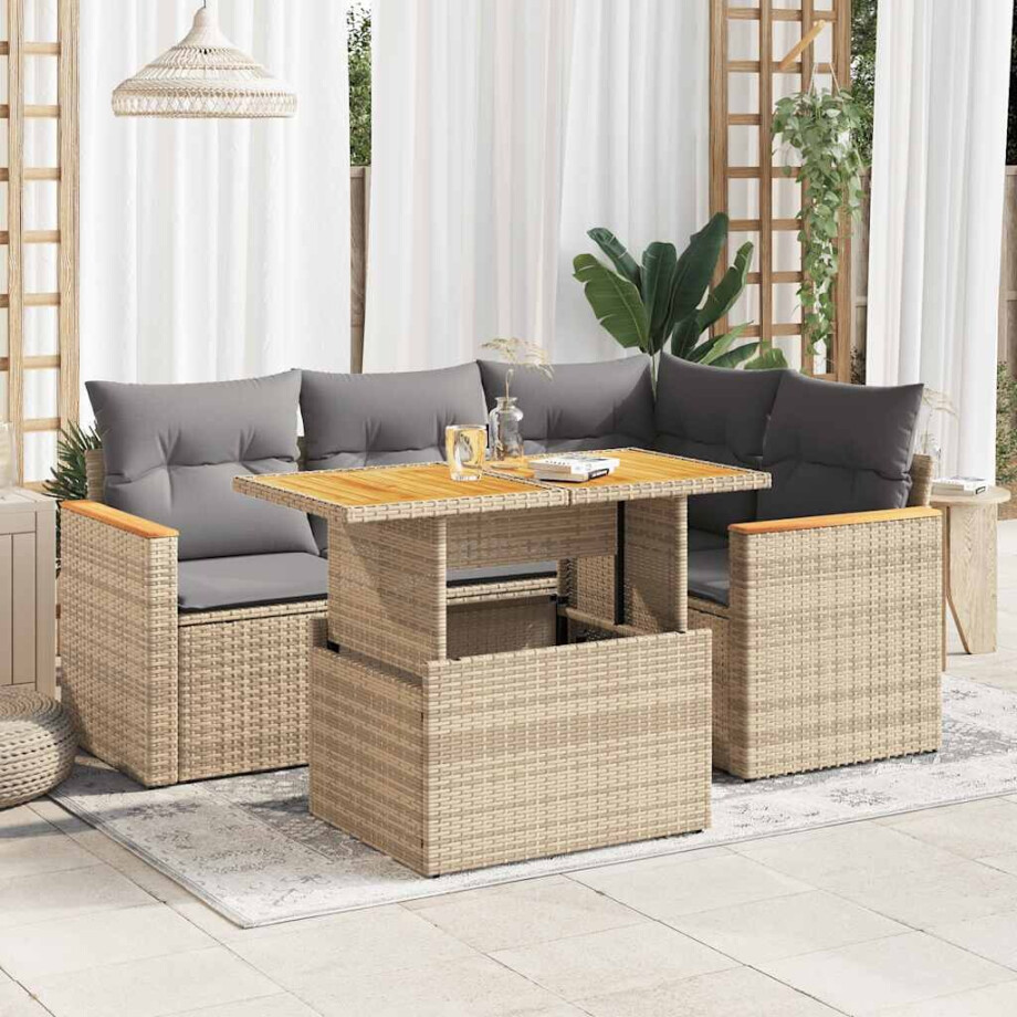 vidaXL 5-delige Loungeset met kussens poly rattan en acaciahout beige afbeelding 1