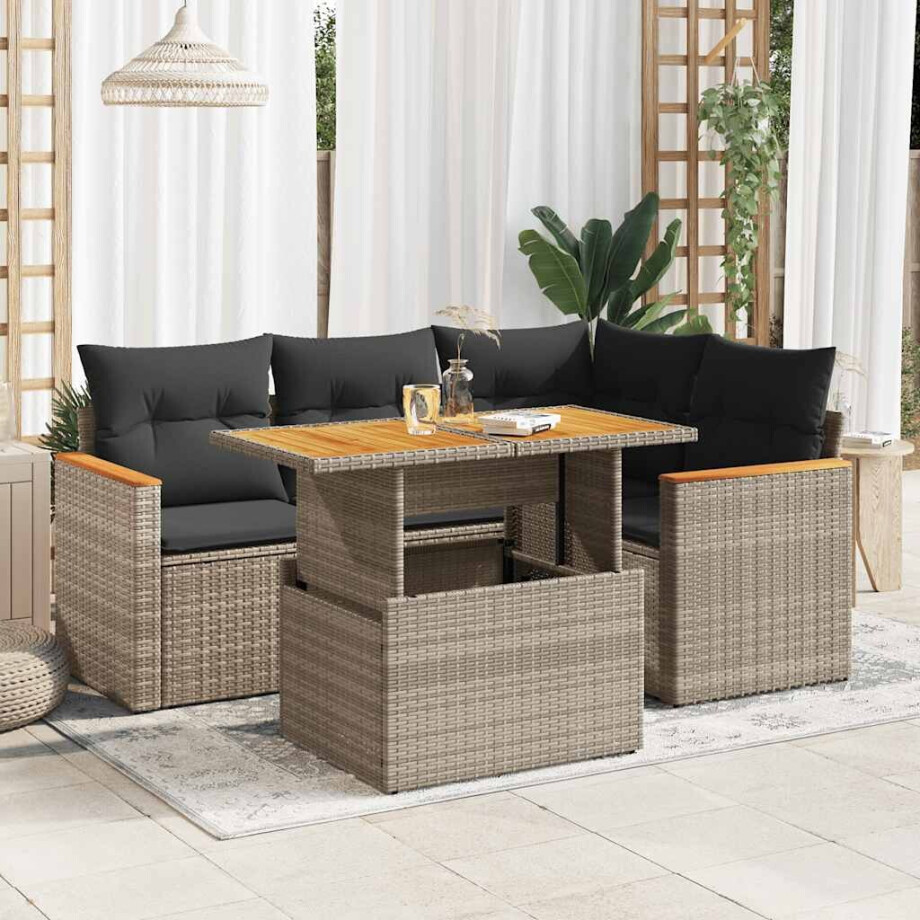 vidaXL 5-delige Loungeset met kussens poly rattan acacia grijs afbeelding 1