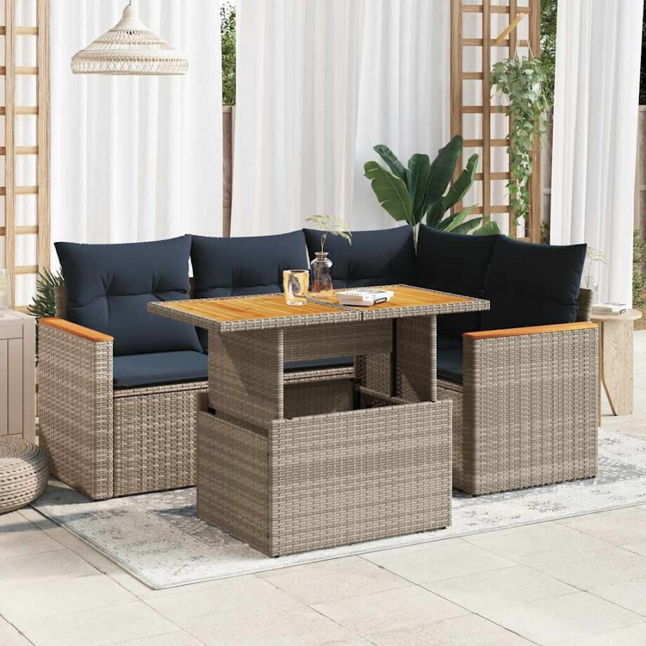 vidaXL 5-delige Loungeset met kussens poly rattan grijs afbeelding 1