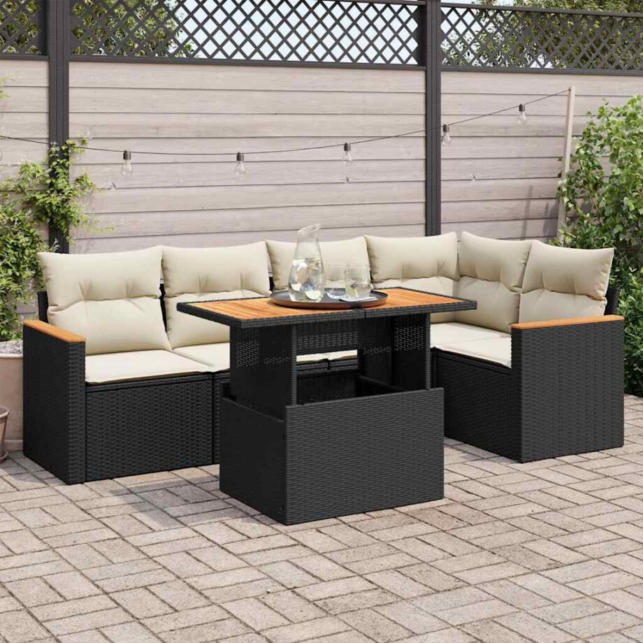 vidaXL 6-delige Loungeset met kussens poly rattan acacia zwart afbeelding 1