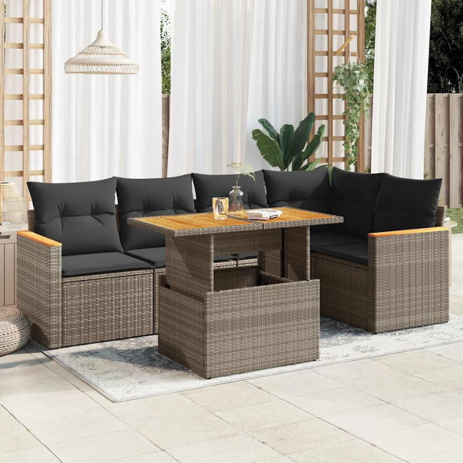 vidaXL 6-delige Loungeset met kussens poly rattan acacia grijs afbeelding 1