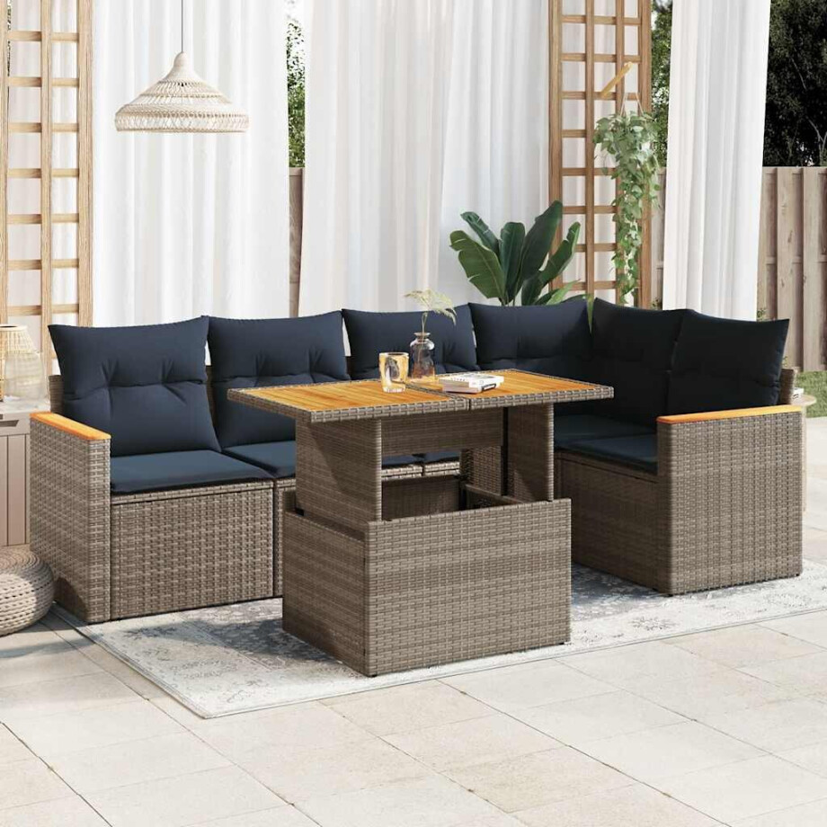 vidaXL 6-delige Loungeset met kussens poly rattan grijs afbeelding 1