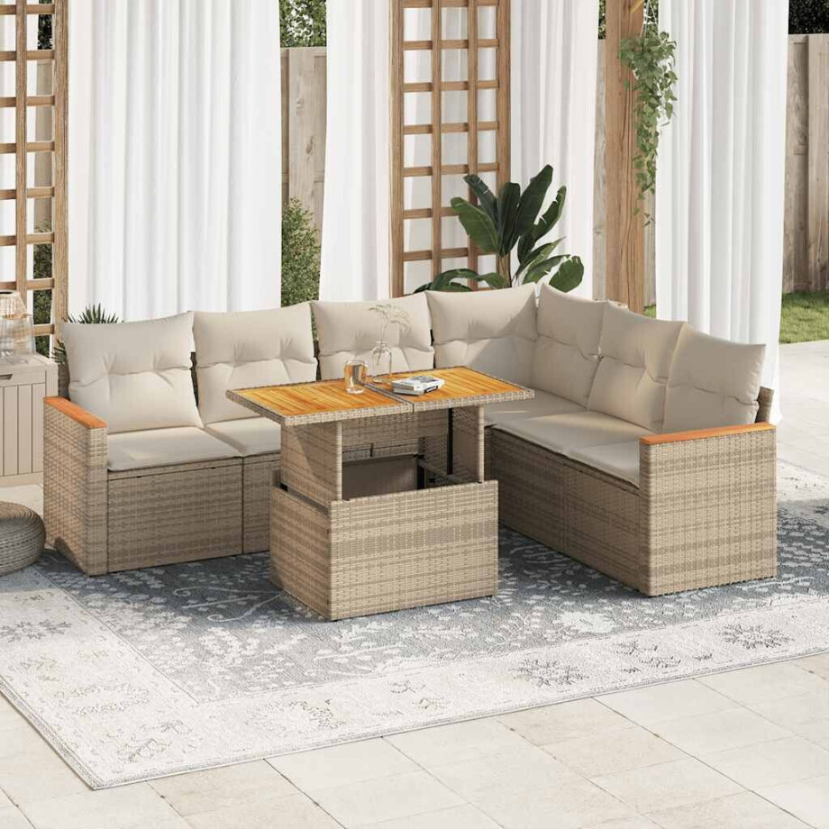 vidaXL 7-delige Loungeset met kussens poly rattan acacia beige afbeelding 1