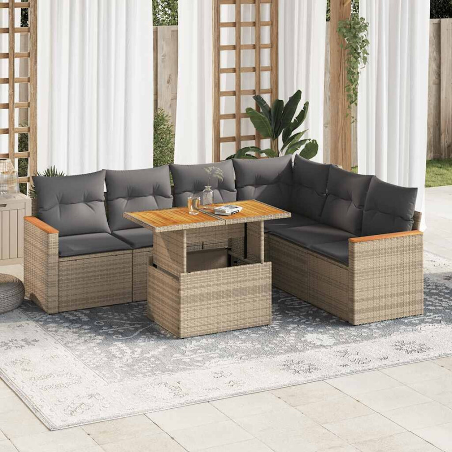 vidaXL 7-delige Loungeset met kussens poly rattan acacia beige afbeelding 1