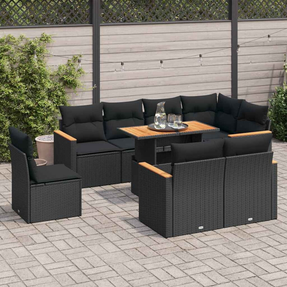 vidaXL 9-delige Loungeset met kussens poly rattan acacia zwart afbeelding 1