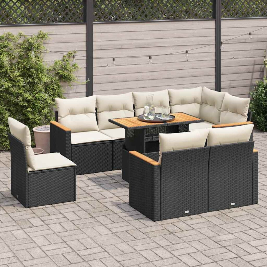 vidaXL 9-delige Loungeset met kussens poly rattan acacia zwart afbeelding 1