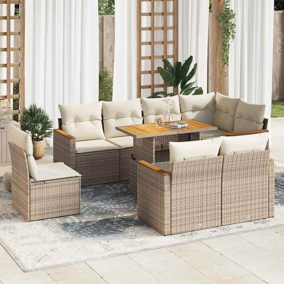 vidaXL 9-delige Loungeset met kussens poly rattan acacia beige afbeelding 1