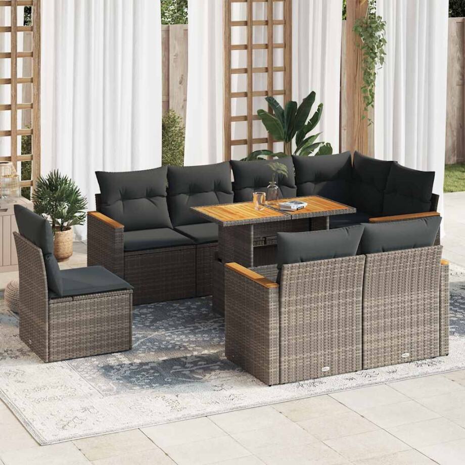 vidaXL 9-delige Loungeset met kussens poly rattan acacia grijs afbeelding 1