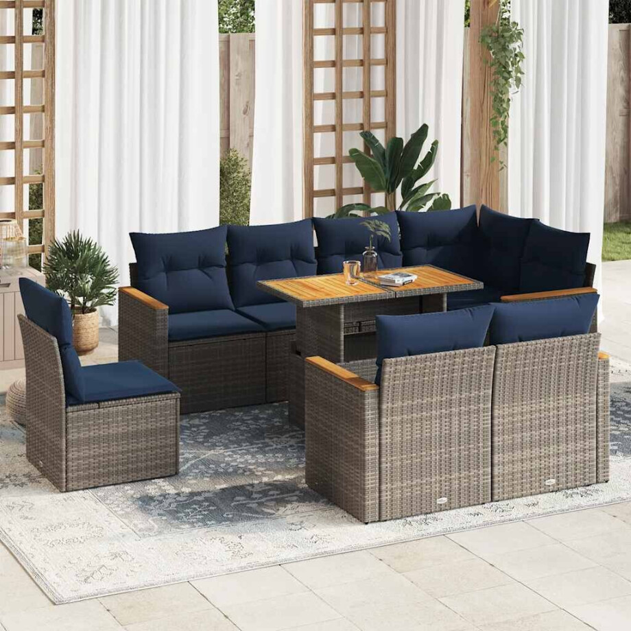 vidaXL 9-delige Loungeset met kussens poly rattan grijs vidaXL 9-delige Loungeset met kussens poly rattan grijs afbeelding 1