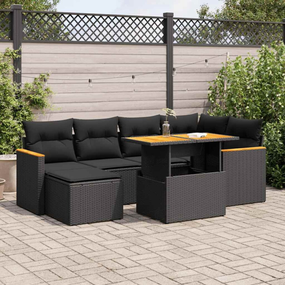 vidaXL 7-delige Loungeset met kussens poly rattan acacia zwart afbeelding 1