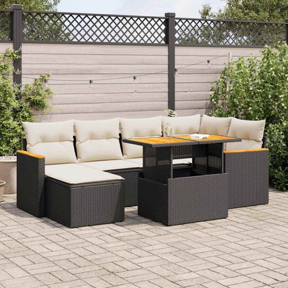 vidaXL 7-delige Loungeset met kussens poly rattan acacia zwart afbeelding 1
