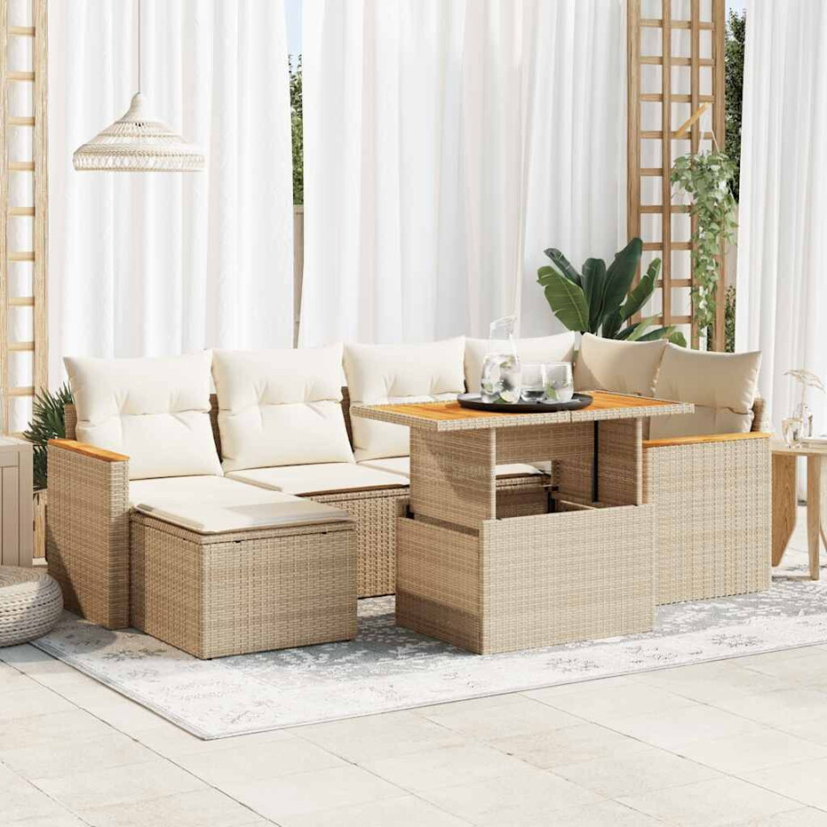 vidaXL 7-delige Loungeset met kussens poly rattan acacia beige afbeelding 1