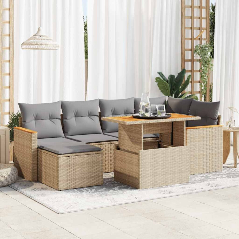 vidaXL 7-delige Loungeset met kussens poly rattan acacia beige afbeelding 1