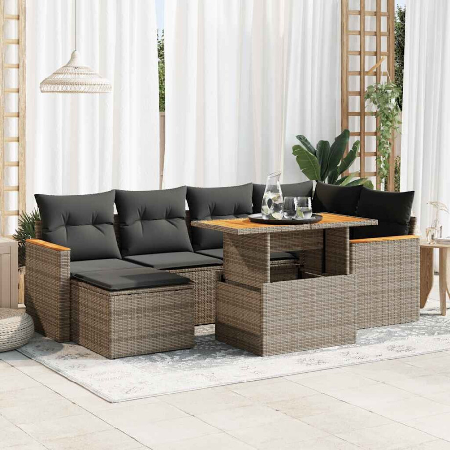 vidaXL 7-delige Loungeset met kussens poly rattan acacia grijs afbeelding 1