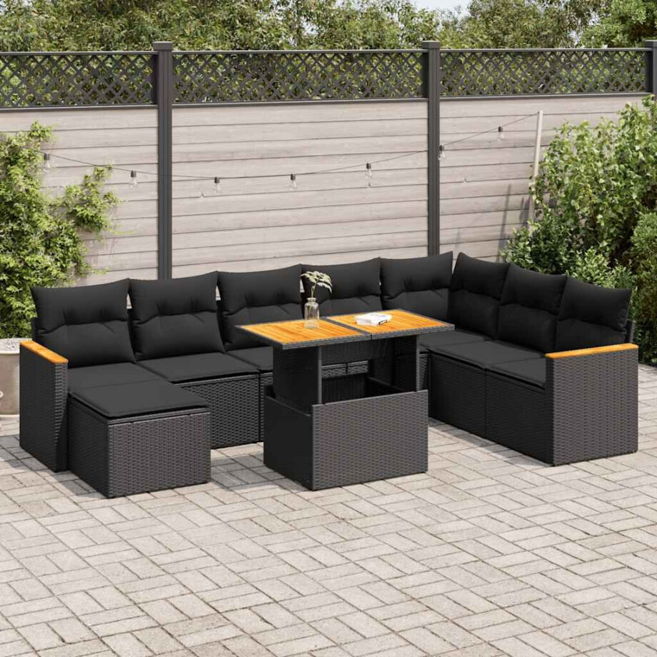 vidaXL 9-delige Loungeset met kussens poly rattan acacia zwart afbeelding 1