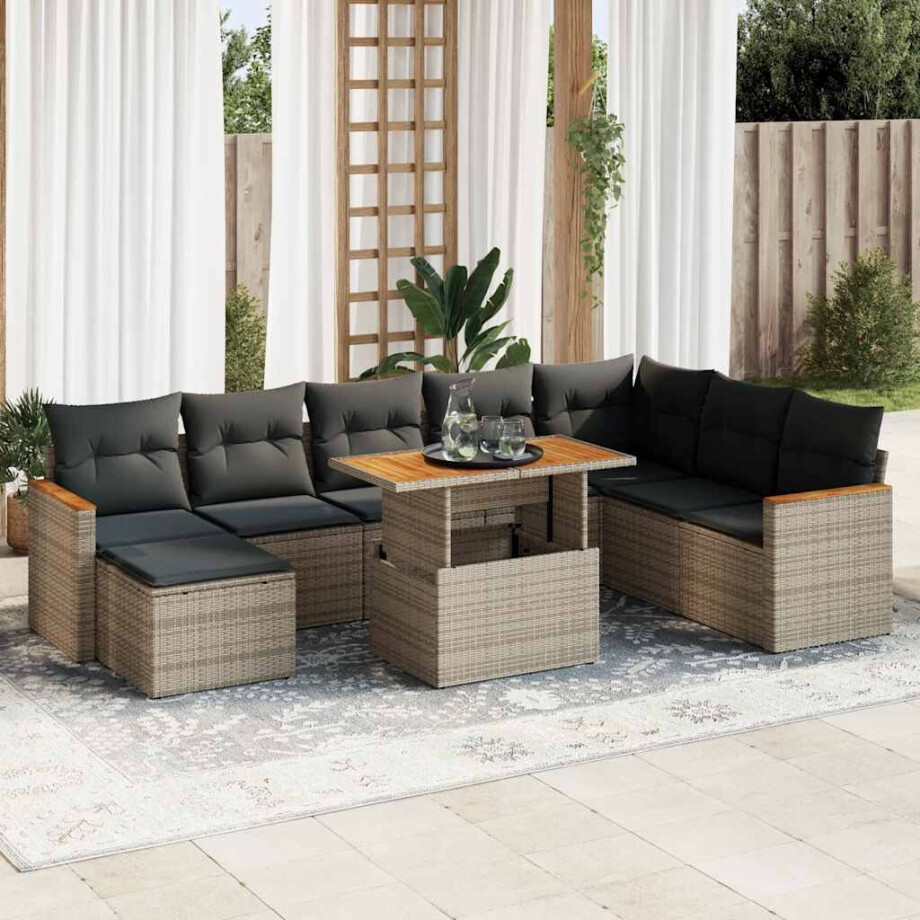 vidaXL 9-delige Loungeset met kussens poly rattan acacia grijs afbeelding 1
