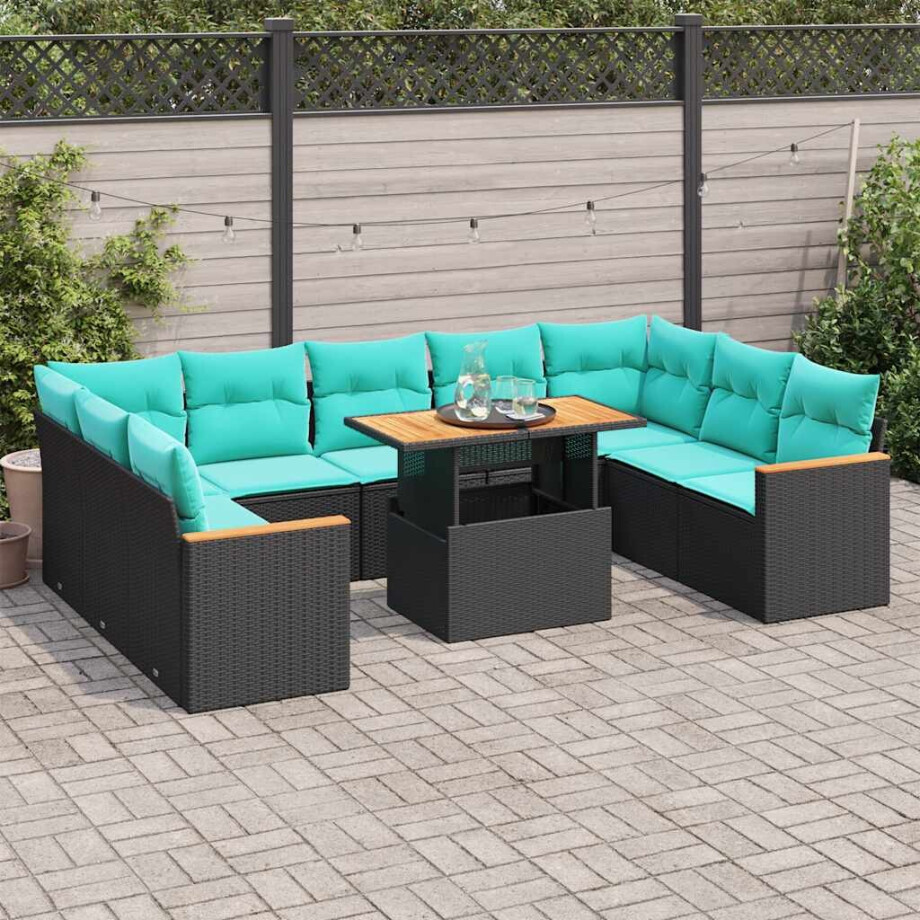 vidaXL 10-delige Loungeset met kussens poly rattan zwart afbeelding 1