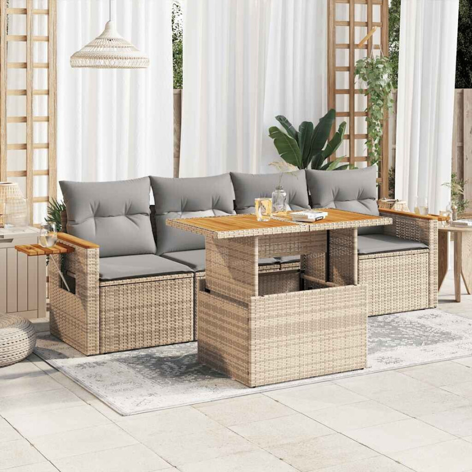 vidaXL 5-delige Loungeset met kussens poly rattan en acaciahout beige afbeelding 1