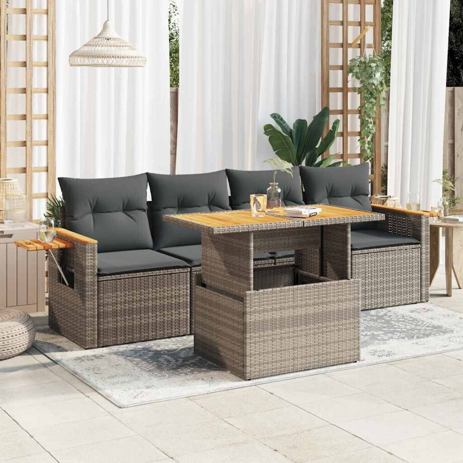 vidaXL 5-delige Loungeset met kussens poly rattan acacia grijs afbeelding 1