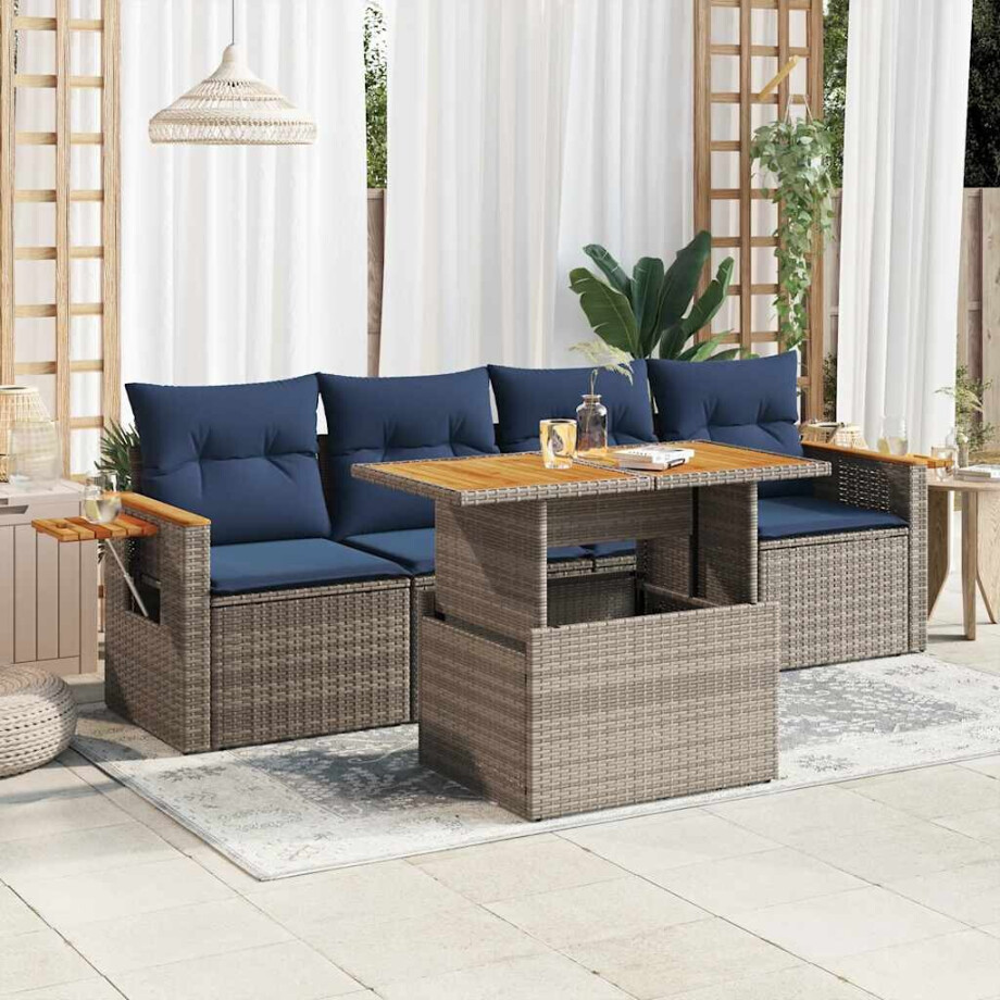 vidaXL 5-delige Loungeset met kussens poly rattan grijs afbeelding 1