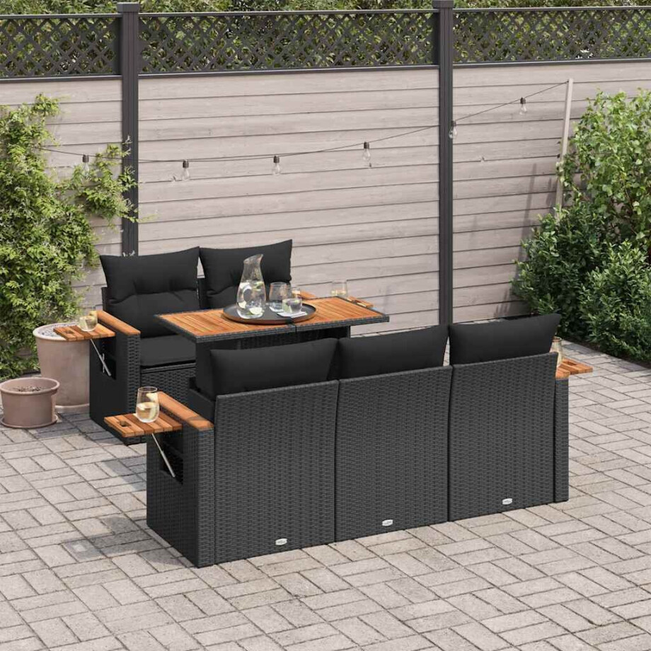 vidaXL 6-delige Loungeset met kussens poly rattan acacia zwart afbeelding 1