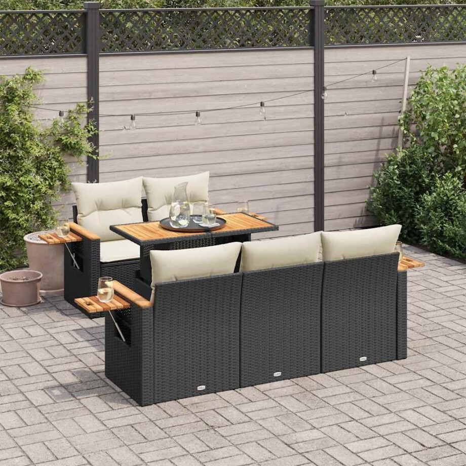vidaXL 6-delige Loungeset met kussens poly rattan acacia zwart afbeelding 1