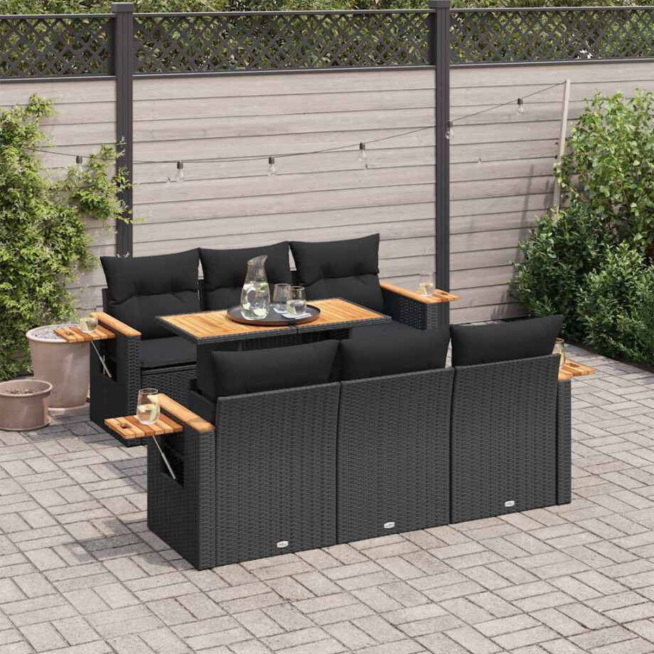 vidaXL 7-delige Loungeset met kussens poly rattan acacia zwart afbeelding 1