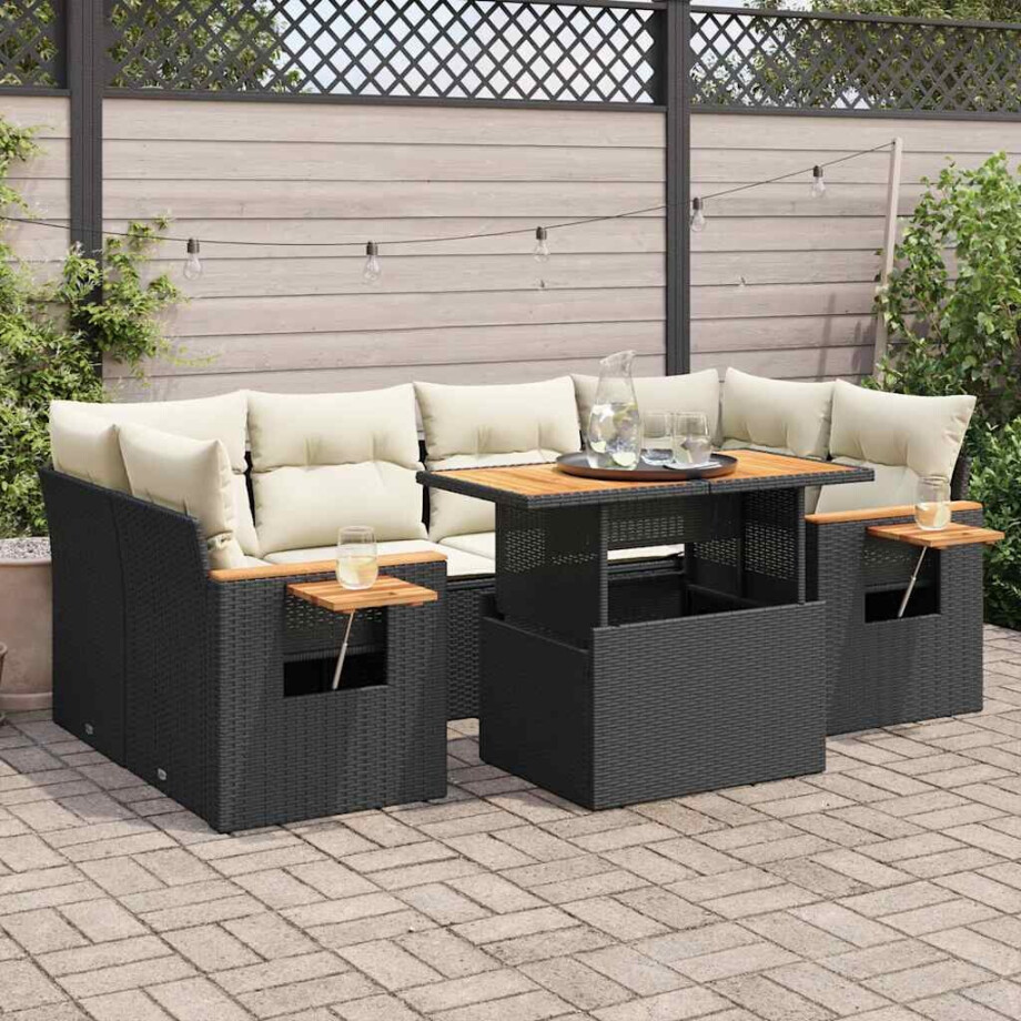 vidaXL 7-delige Loungeset met kussens poly rattan acacia zwart afbeelding 1