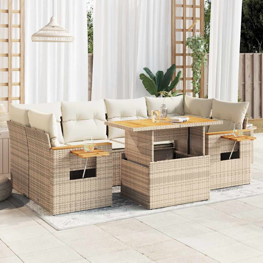 vidaXL 7-delige Loungeset met kussens poly rattan acacia beige afbeelding 1