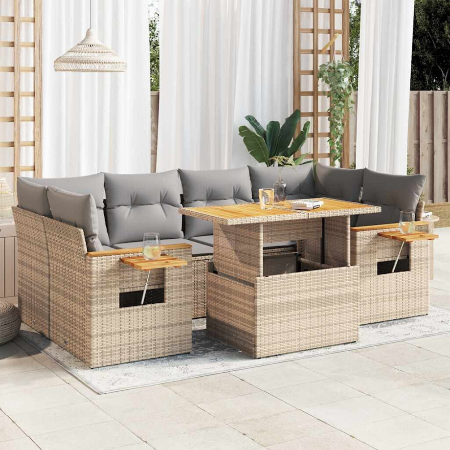 vidaXL 7-delige Loungeset met kussens poly rattan acacia beige afbeelding 1