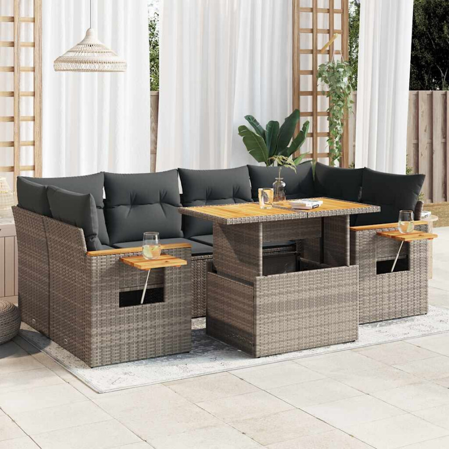 vidaXL 7-delige Loungeset met kussens poly rattan acacia grijs afbeelding 1