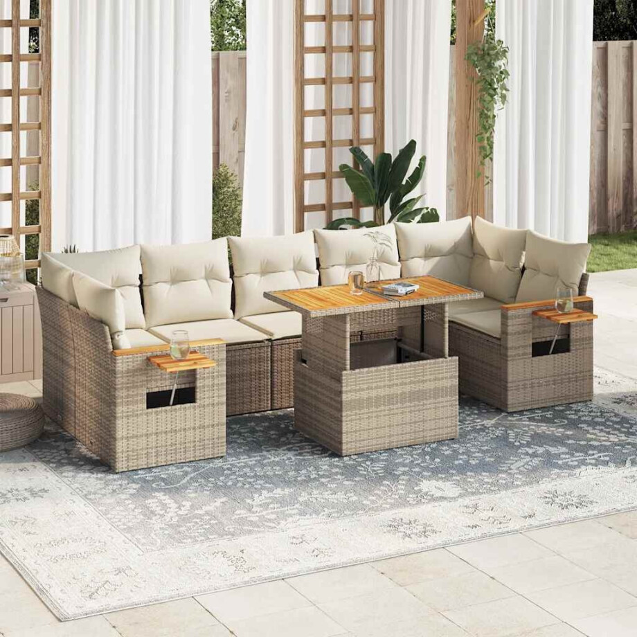 vidaXL 8-delige Loungeset met kussens poly rattan acacia beige afbeelding 1
