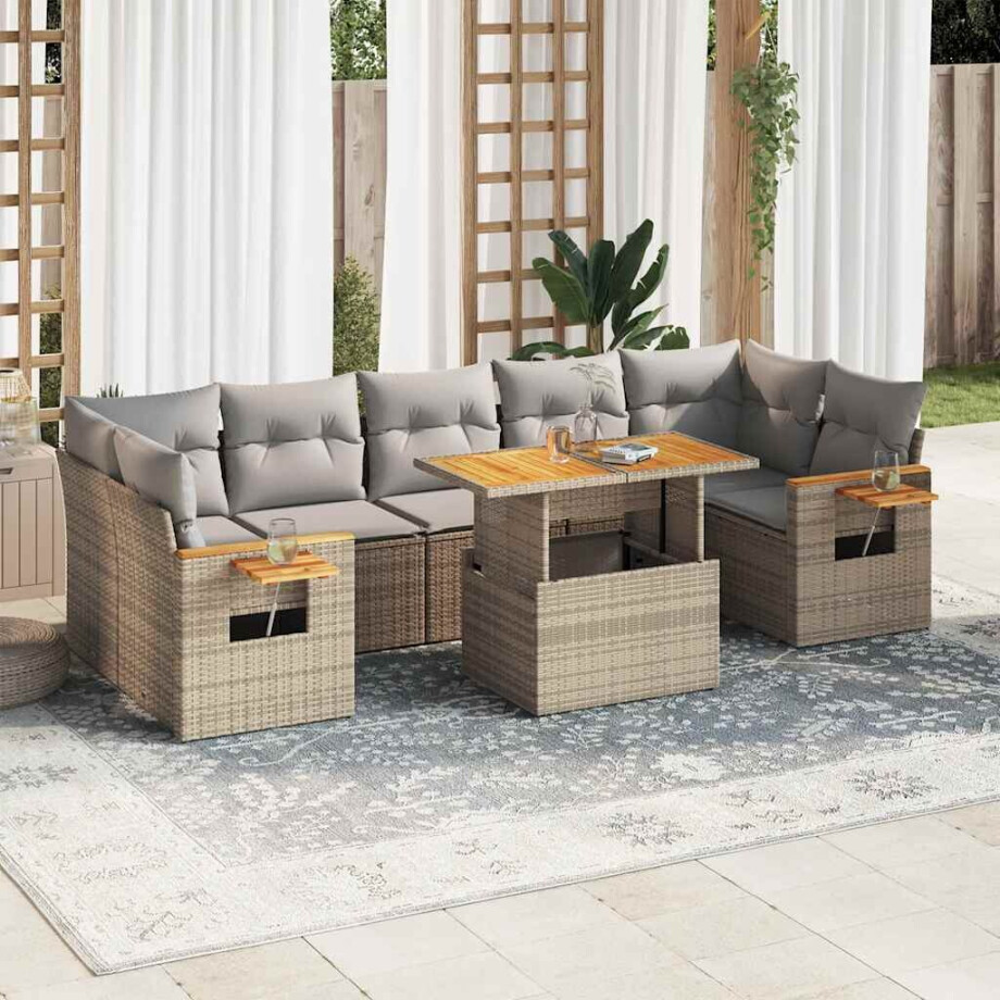 vidaXL 8-delige Loungeset met kussens poly rattan acacia beige afbeelding 1